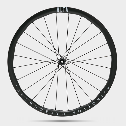 Top-down view of the ultralight Princeton CarbonWorks ALTA 3532 road bike wheels optimized for steep climbs.