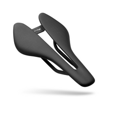 Approved Cycling Berk Ploh full carbon saddle, "flat-flat" design for max comfort and stability, angled view