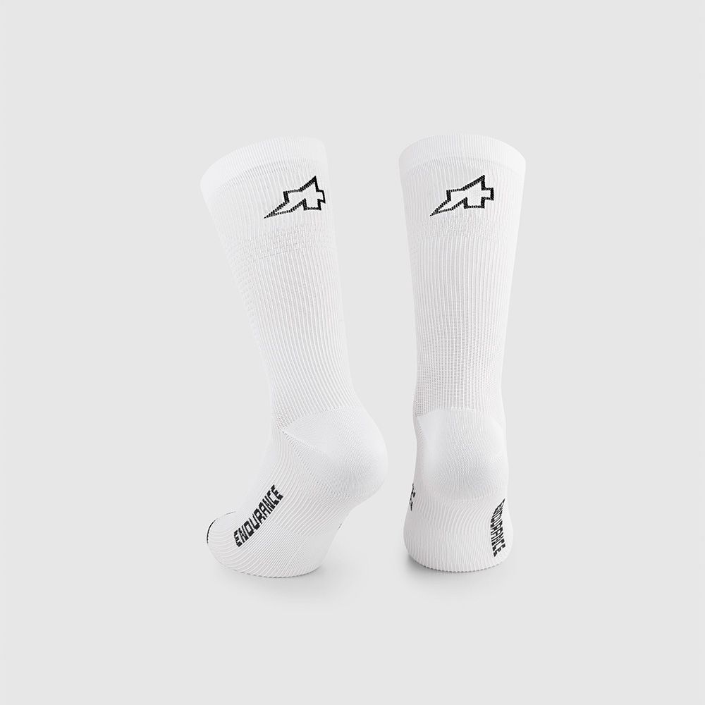 Side profile of Approved Cycling Summer Bike Socks Assos Endurance S11 in white, showcasing seamless construction and strate…