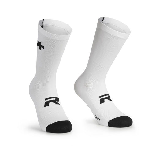 Assos R Twin Pack summer cycling socks, lightweight breathable fabric detail on white pair.