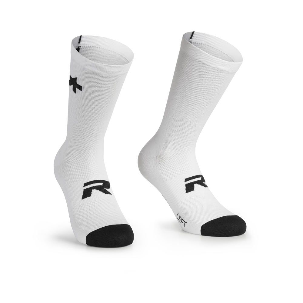 Assos R Twin Pack summer cycling socks, lightweight breathable fabric detail on white pair.