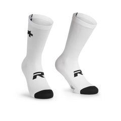 Assos R Twin Pack summer cycling socks, lightweight breathable fabric detail on white pair.