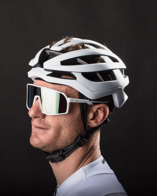 APPROVED CYCLING airBENDER white road helmet, side view highlighting aerodynamic profile and secure fit