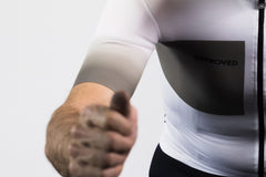 APPROVED CYCLING Men's Core LTD jersey, close-up of breathable mesh fabric, moisture-wicking, hot weather cycling.