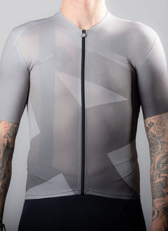 ASSOS-made APPROVED CYCLING Fundamental LTD. men's jersey. Close-up on technical fabric texture, sweat-wicking properties.