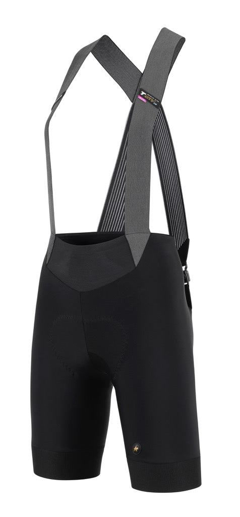 APPROVED CYCLING Assos UMA GTV C2 Women's Summer Bib Shorts front view, highlighting magnetic closures for easy breaks